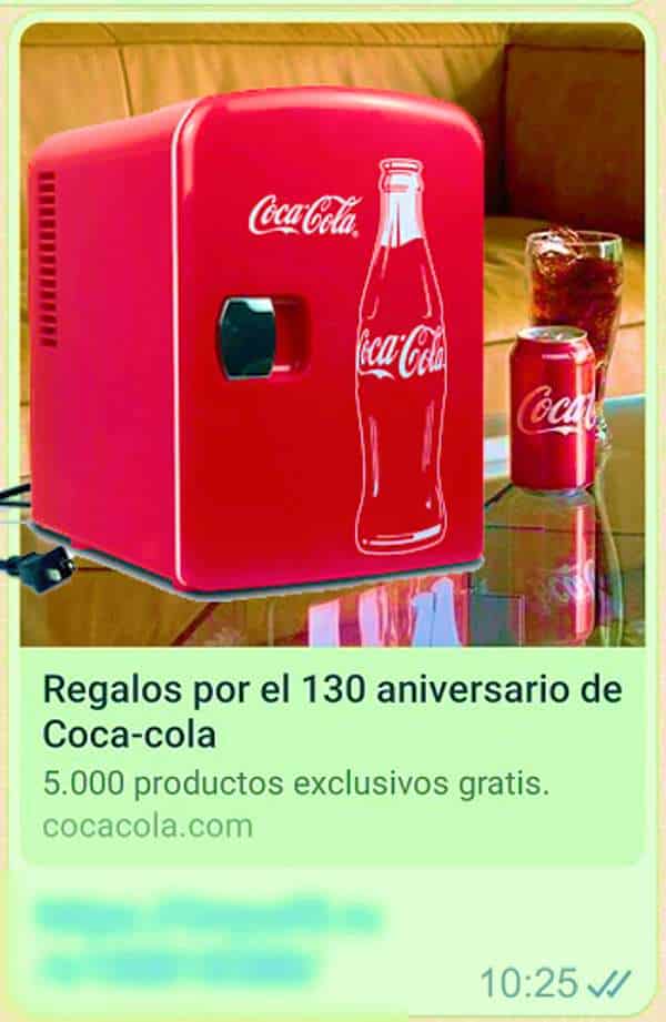 Supuesto mensaje de Whatsapp con regalo de un artículo de Merchandising de CocaCola